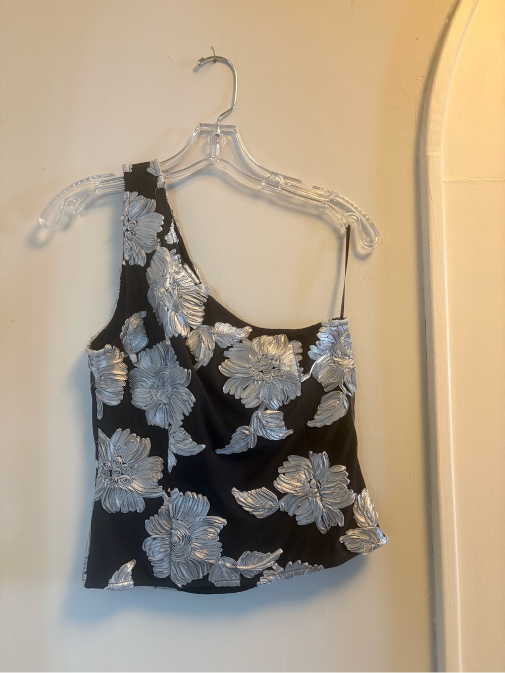 Asymmetric Black Camisole with Silver Floral Embroidery